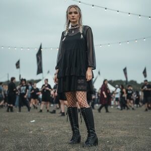 Demonia Vivika-205 Black Vegan Leather Lace Up Mid Calf Boots Red Lining US 11